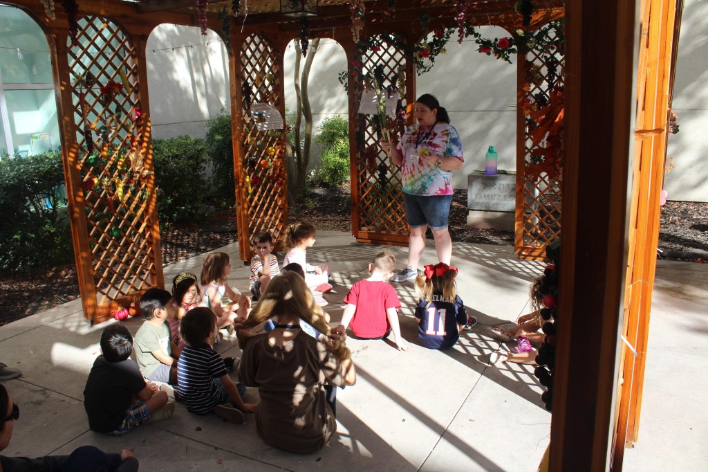 Teaching our students about Sukkot during religious school sukkah visits (2023).